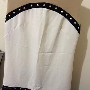 Sandra Darren Tan and White Dress with Black Trim